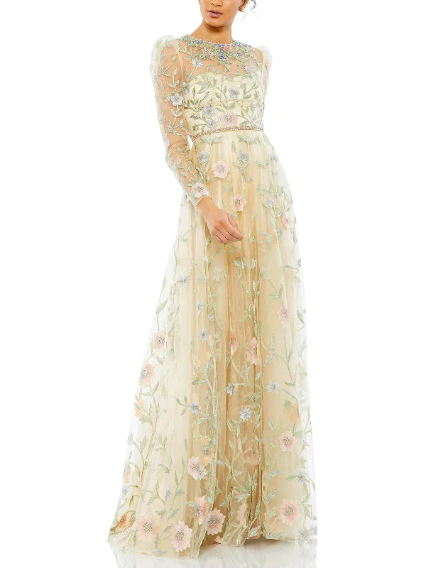 Womens Embellished Floral Evening Dress