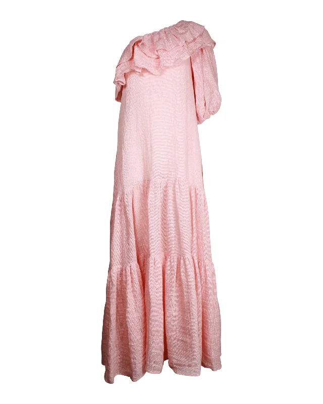 Lisa Marie Fernandez Arden One-Shoulder Tiered Maxi Dress in Pink Linen