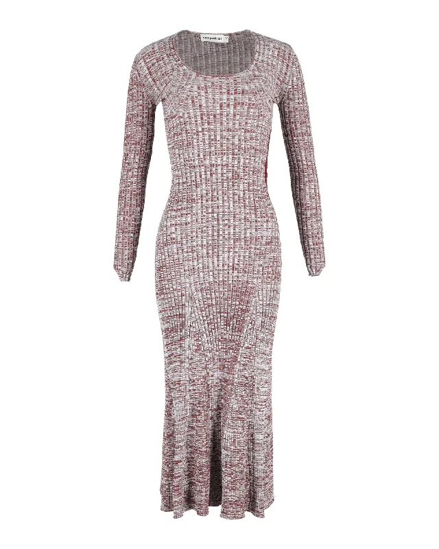 Self-Portrait Rib Knit Midi Dress in Burgundy Wool