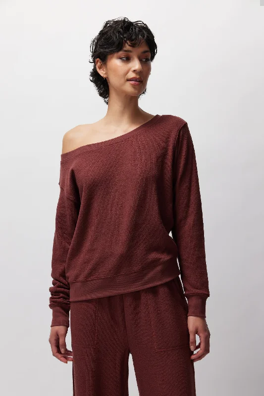 Spiritual Gangster Slub Rib Vida Off Shoulder Pullover - Washed Burgundy