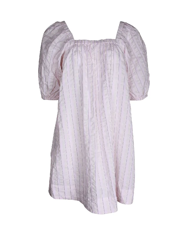 Ganni Striped Seersucker Night Dress in Pink Cotton