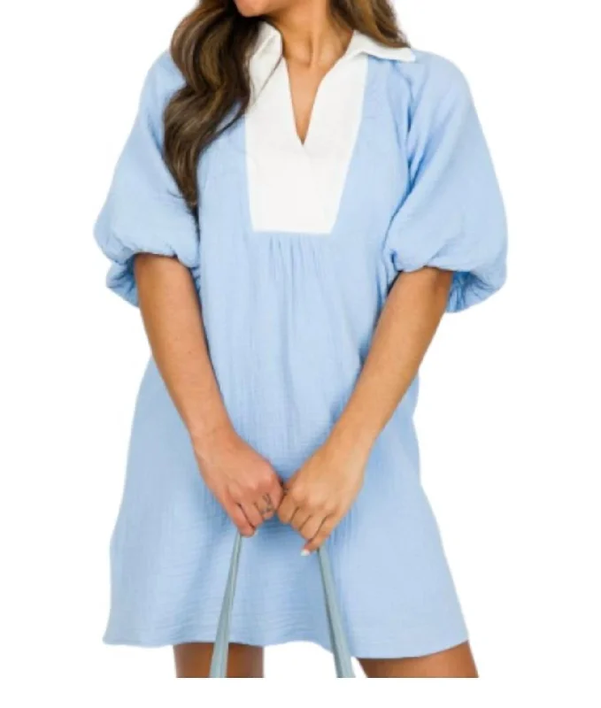 Puff Sleeve Dress In Light Blue