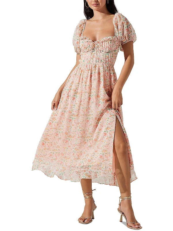 Womens Floral Pintuck Midi Dress