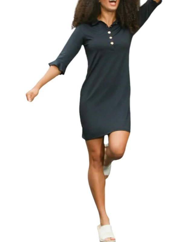 Flounce Sleeve Polo Dress In Black