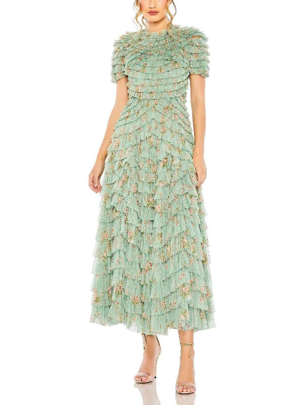 Plus Womens Floral Ruffled Evening Dress