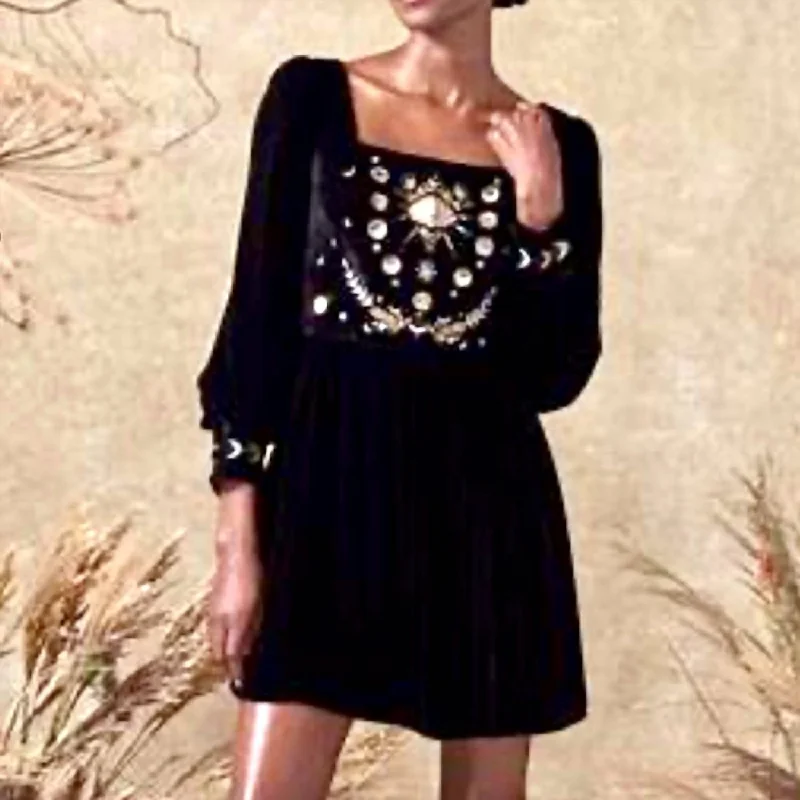 Anna Dress In Black With Moon And Evil Eye Embroidery