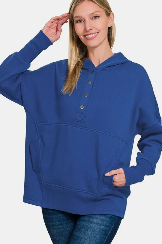 Zenana Half Snap Long Sleeve Hoodie with Kangaroo Pocket - Navy