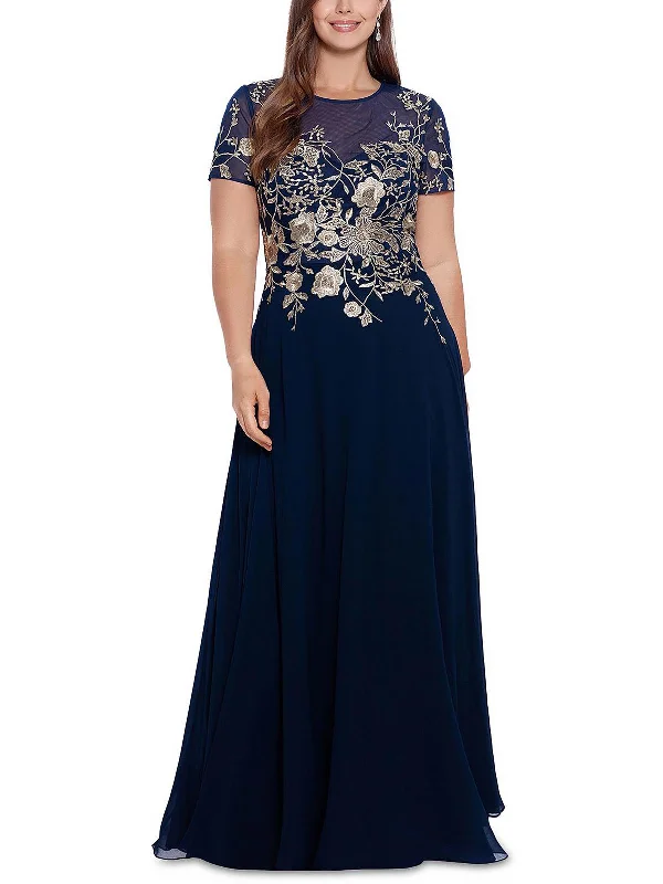 Petites Womens Embroidered Midi Evening Dress