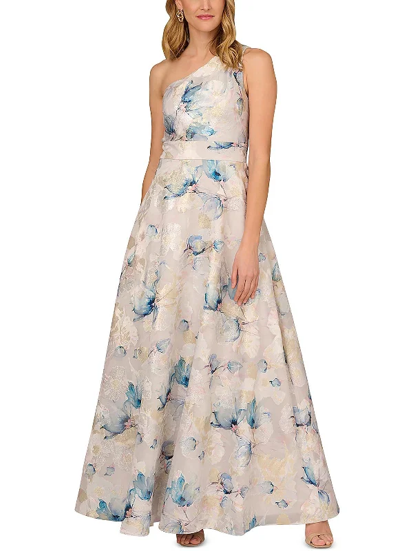 Womens Metallic Floral Print Evening Dress