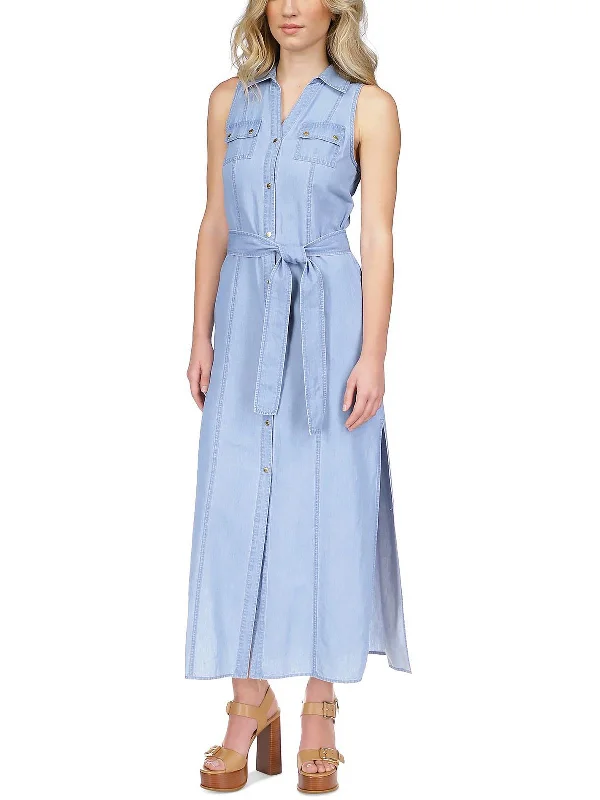 Petites Womens Chambray Sleeveless Shirtdress