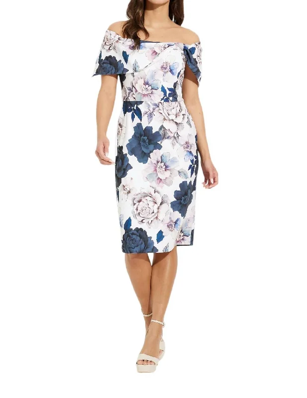 Floral Exposed Shoulder Dress In Vanilla/multi