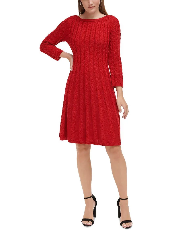 Petites Womens Cable Knit Knee-Length Sweaterdress