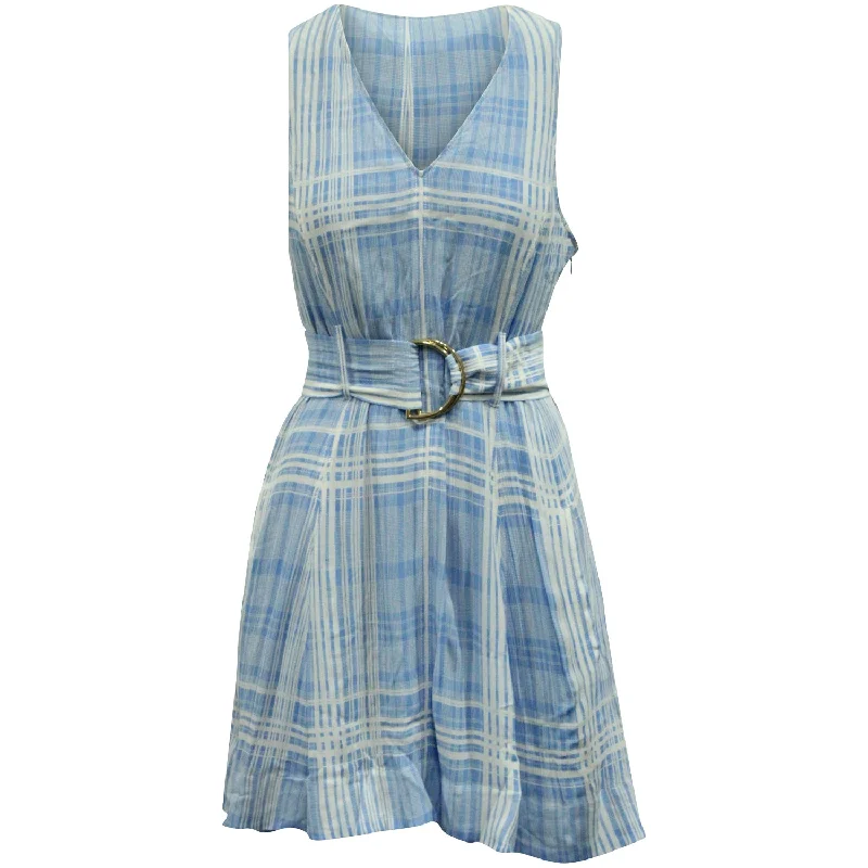 Diane Von Furstenberg Plaid Belted Sleeveless Dress in Light Blue Viscose