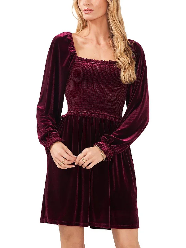 Womens Velvet Smocked Babydoll Dress