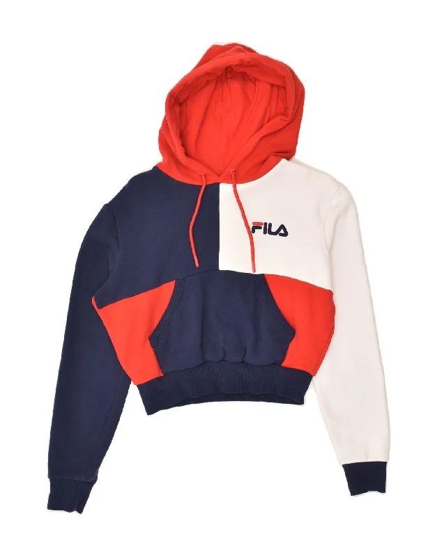 FILA Womens Oversized Graphic Hoodie Jumper UK 6 XS Red Colourblock Cotton