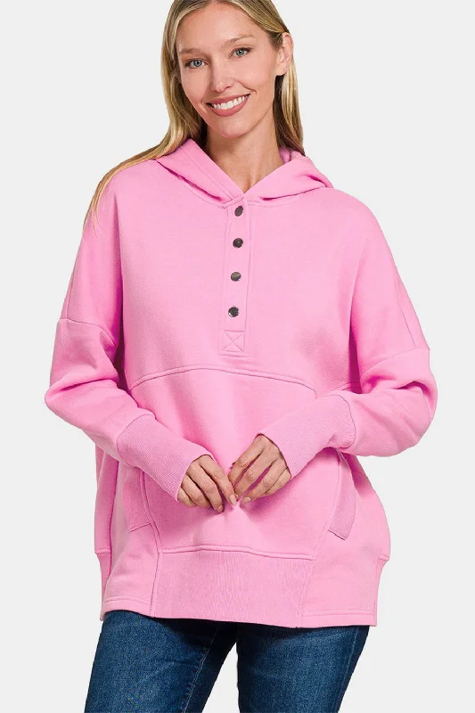 Zenana Half Snap Long Sleeve Hoodie with Kangaroo Pocket - Fuchsia