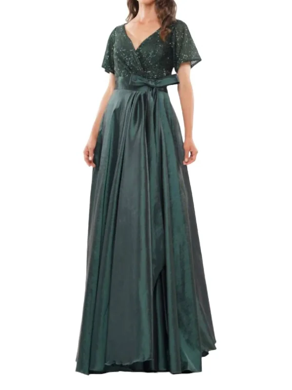 Sequin & Taffeta Gown In Deep Green