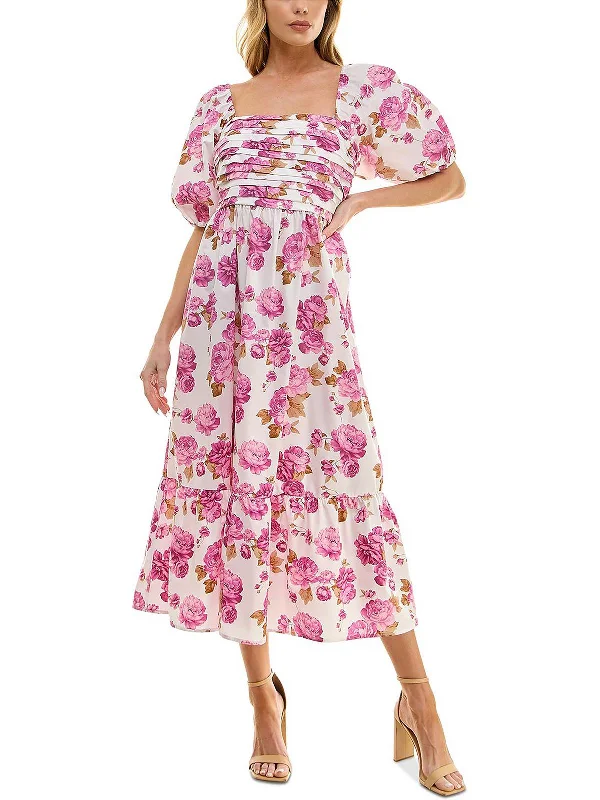 Juniors Womens Floral Pleated Midi Dress