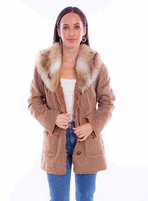 Ladies Scully Button up Suede Faux Fur Jacket - 8062