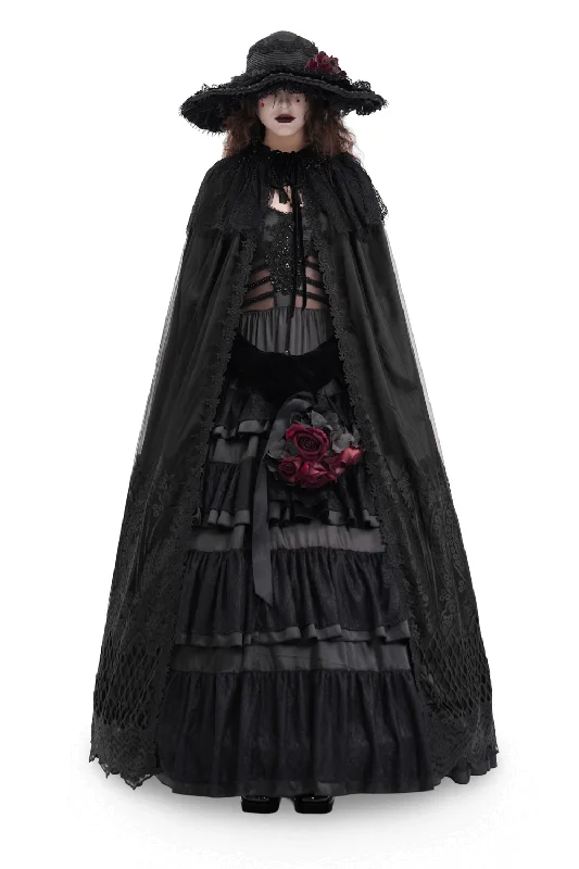 Gothic Hooded Cape with Lace Embroidery and Mesh Details