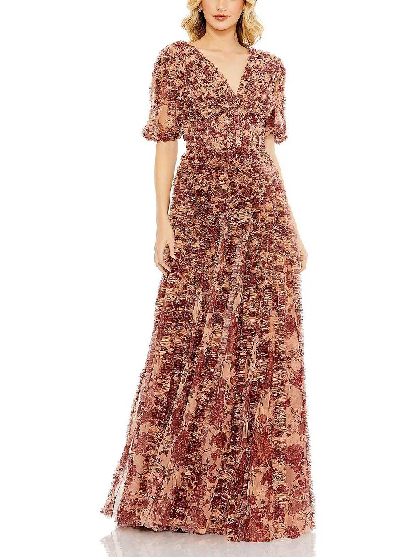 Plus Womens Floral Plunge Evening Dress