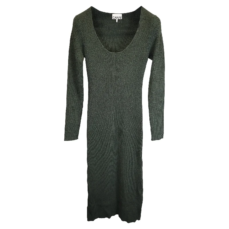 Ganni Melange Knit Dress in Green Rayon