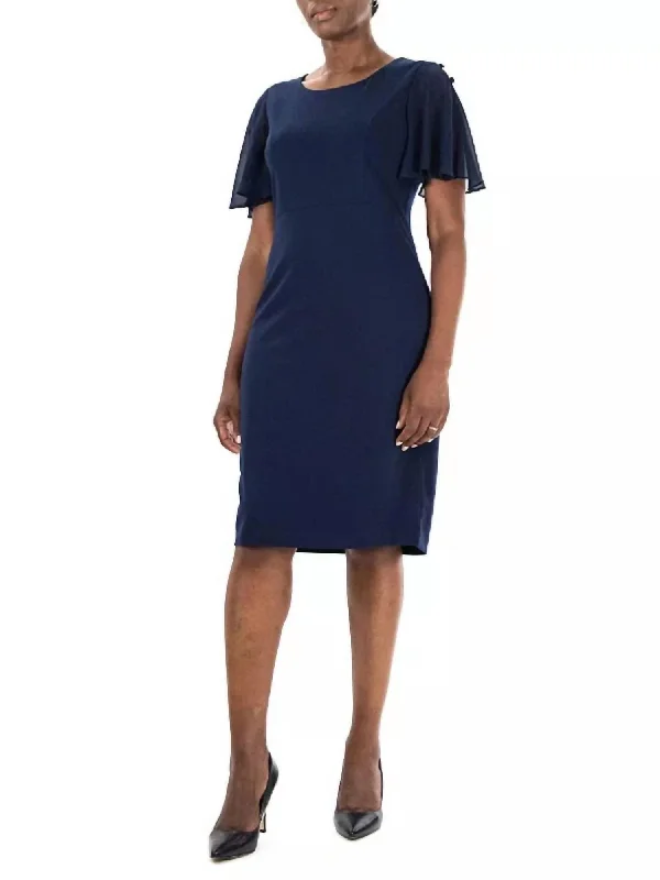 Flutter Sleeve Sheath Dress In Navy