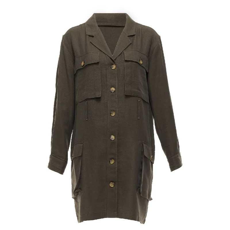 Anine Bing Kaiden Willow Dark Green Pocketed Safari Shirt Dress