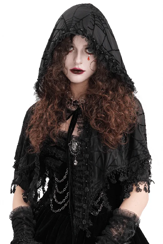 Black Gothic Lace Cape with Hood and Tassels for Women