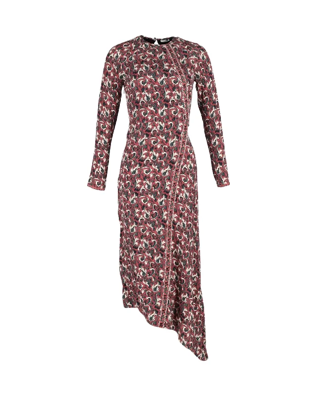 Vilshenko Printed Asymmetric Dress in Burgundy Silk