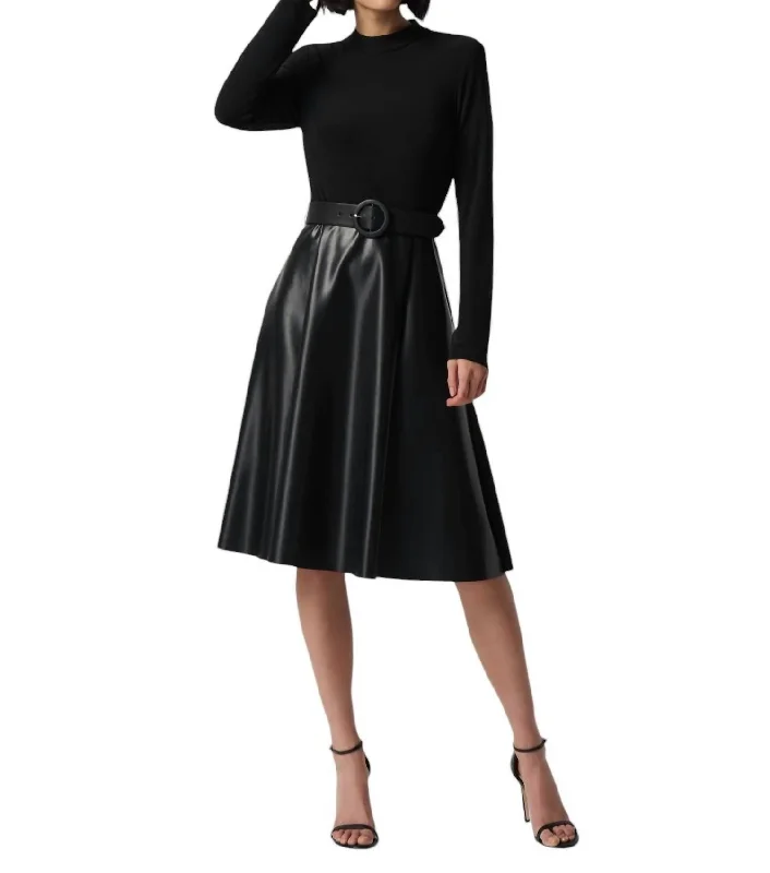 High Neck Belted A-Line Dress In Black