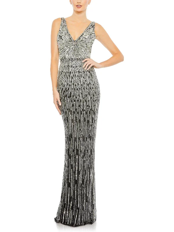 Womens Embellished Plunge Evening Dress