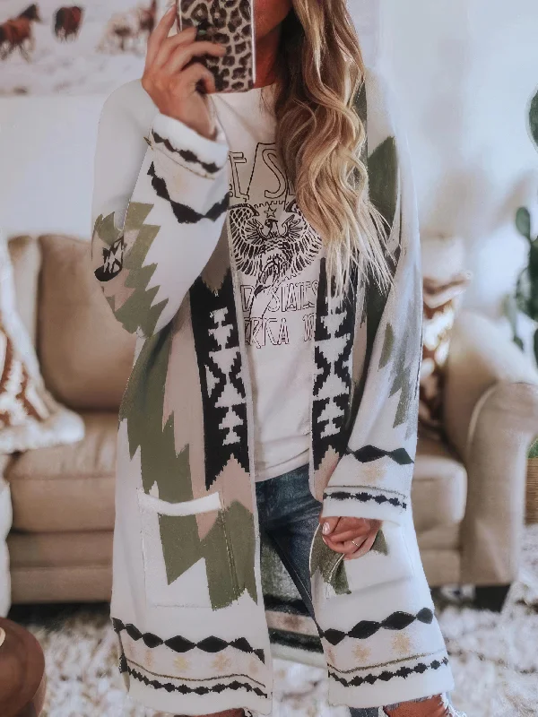 Casual Long Sleeve Knitted Cardigan with Tribal Print