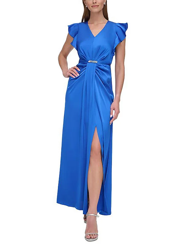 Womens Satin V-Neck Evening Dress