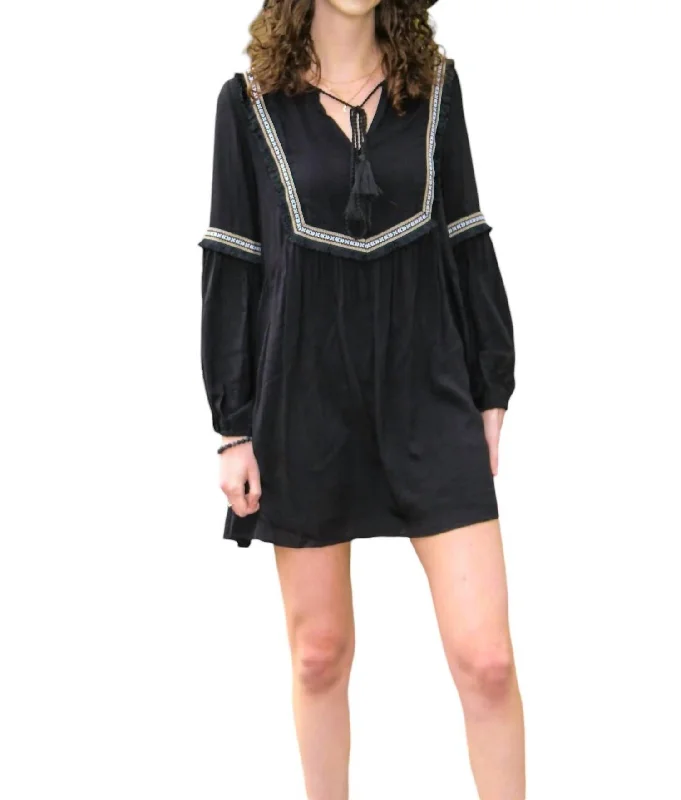 Tessa Embroidered Long Sleeve Dress In Black