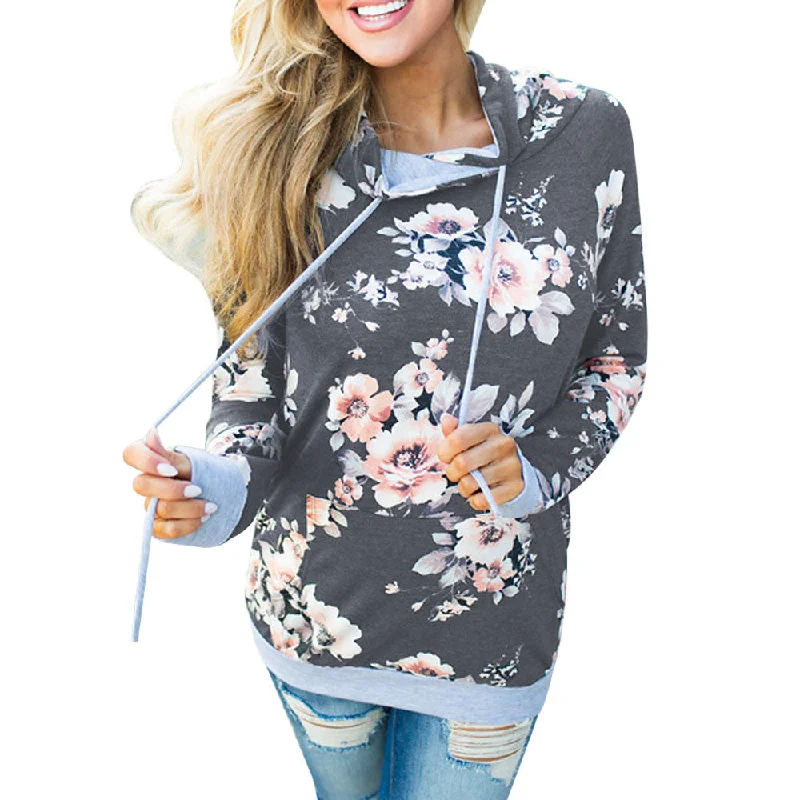 Womens Autumn Winter Floral Loose Hoodie Sweatshirt Pullover Tops Blouse